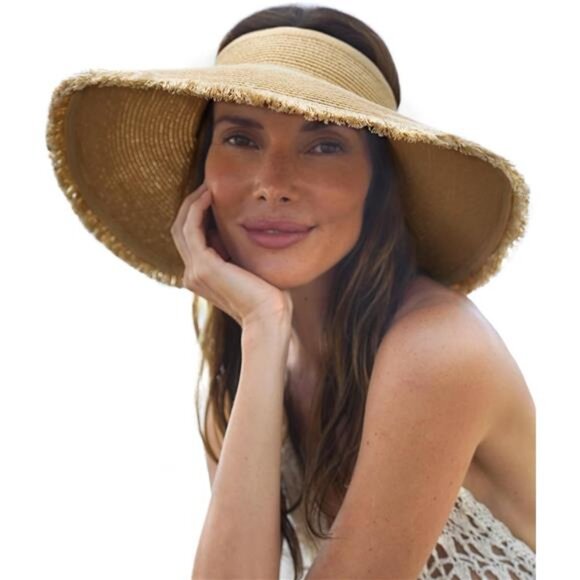 Women's Sun Visor Hat Wide Brim Straw Roll-Up Ponytail Summer Beach Hat